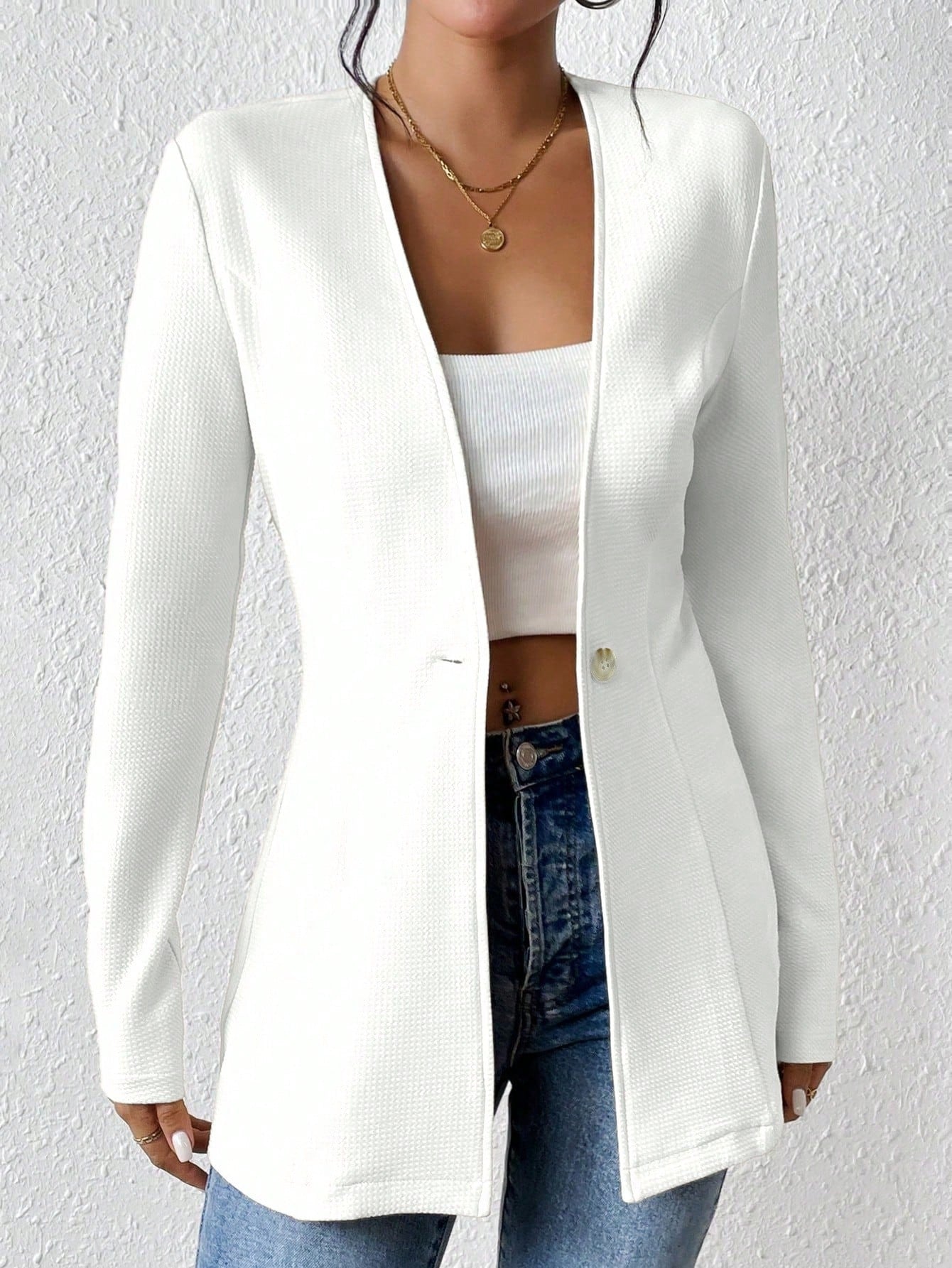 Women's Casual V-Neck One Button Solid Blazer Jacket