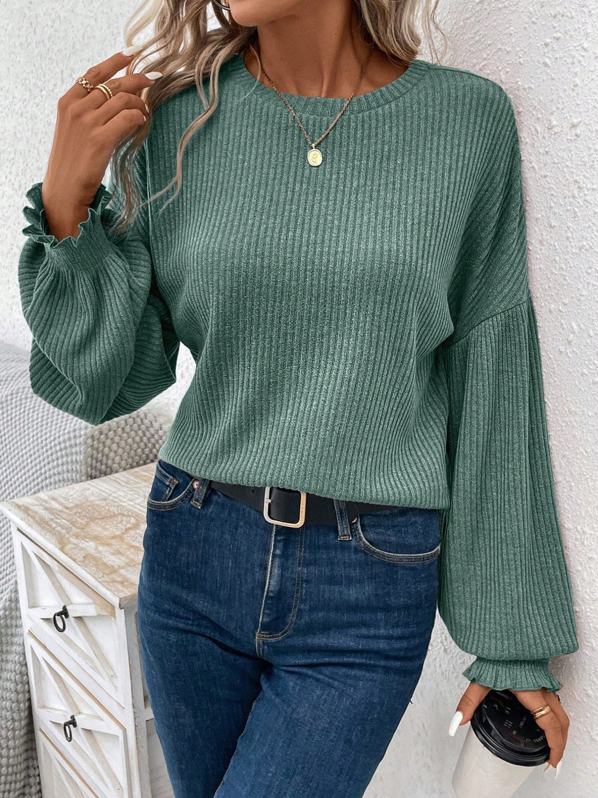 Women's Ribbed Long Sleeve Crew Neck Loose Casual Top