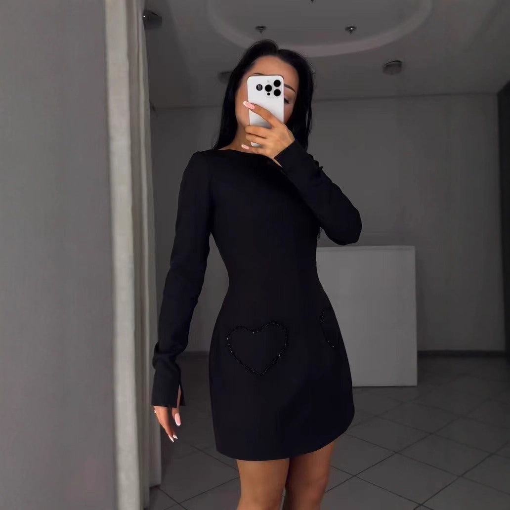 Black Long Sleeve A-Line Mini Dress Beaded Heart Pockets
