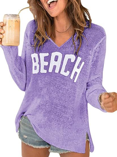 Women's V-Neck Letter Print Lightweight Knit Sweater