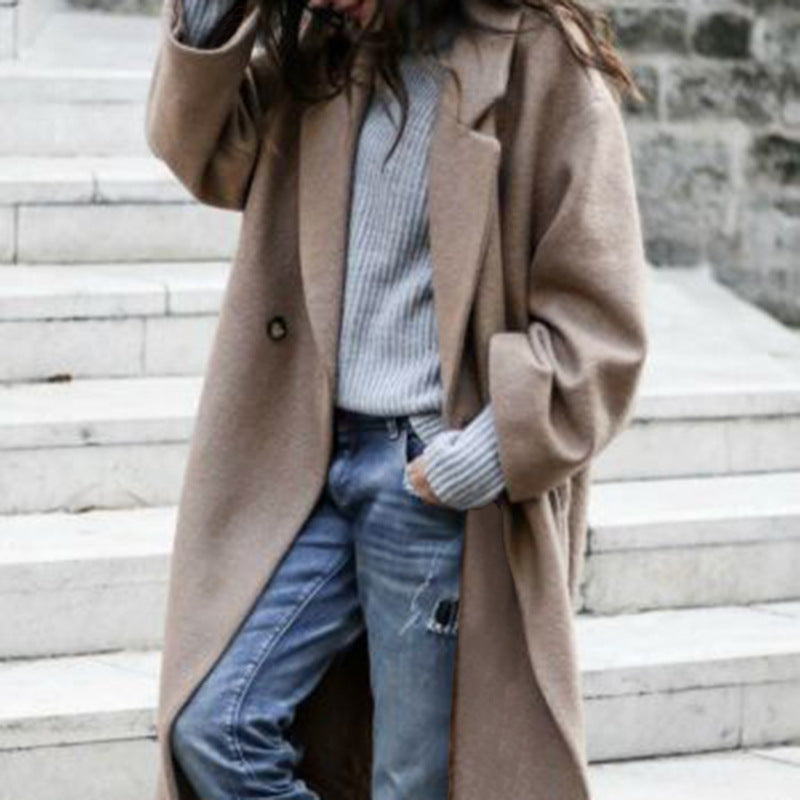 Women's Oversized Long Wool Coat Lapel Single Button