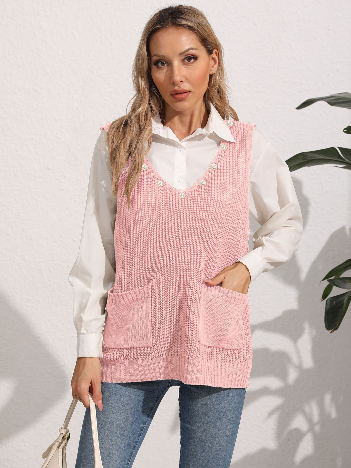 Women's Vest Double Pocket Splicing V-Neck Casual Pearl Vest Sweater