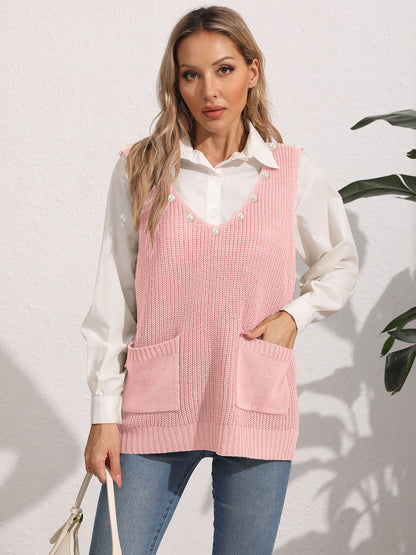 Women's Vest Double Pocket Splicing V-Neck Casual Pearl Vest Sweater