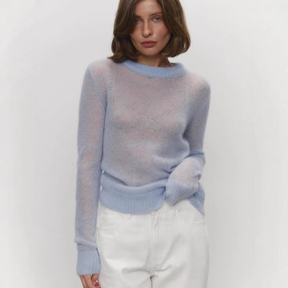 Sheer Crew Neck Lightweight Knit Pullover Sweater