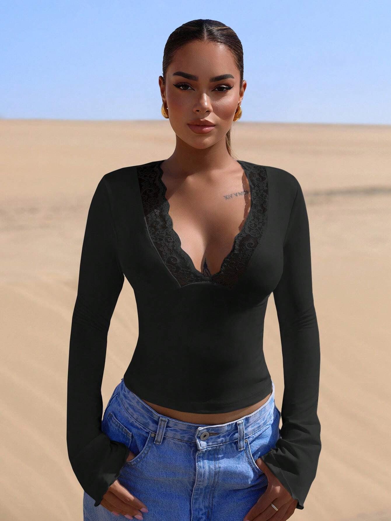 V-Neck Lace Trim Long Sleeve Sexy Slim Top for Women