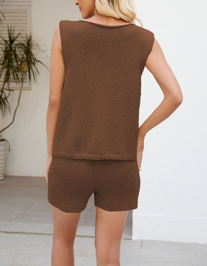 V Neck Tie Front Knit Tank Shorts Set Casual Outfit
