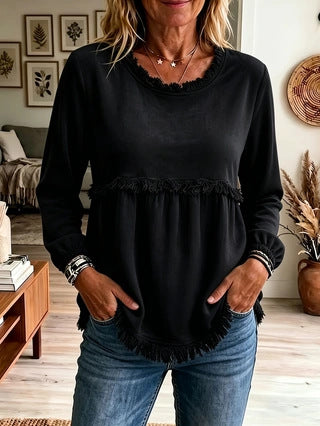 Women's Velvet Fringe Trim Long Sleeve Casual Top
