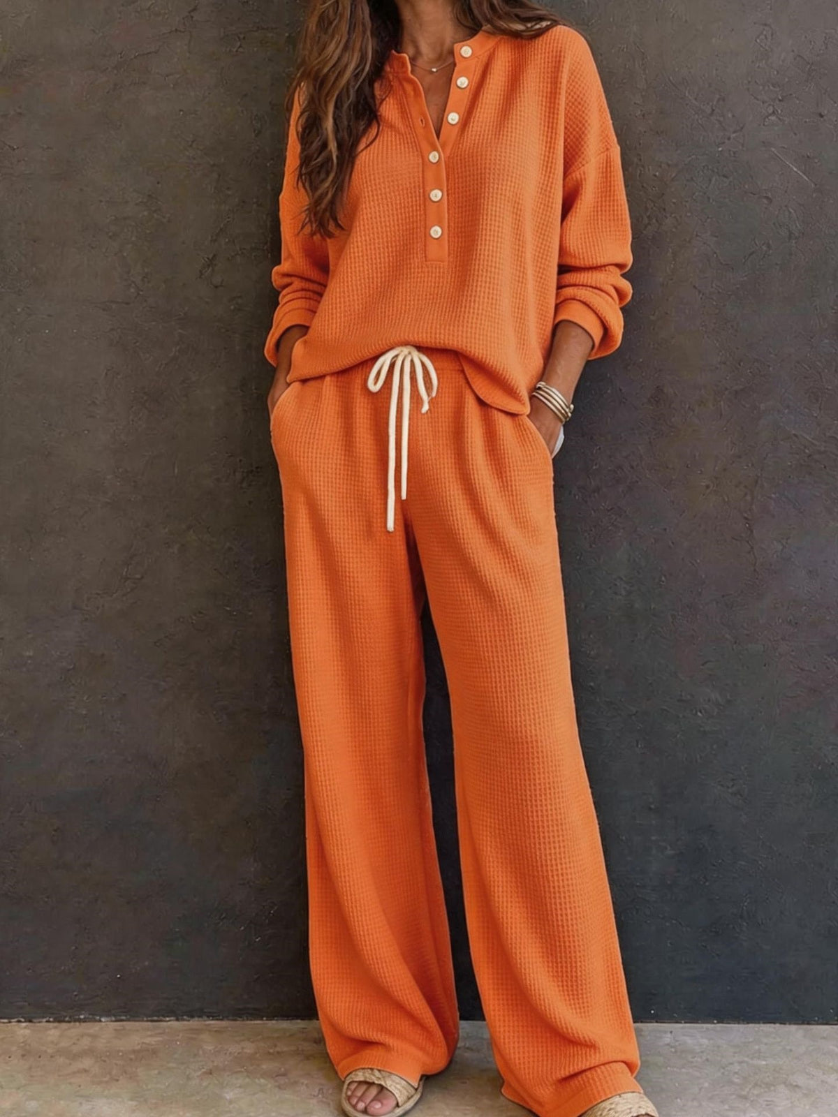 Waffle Knit Lounge Set Women Two Piece Wide Leg Pants