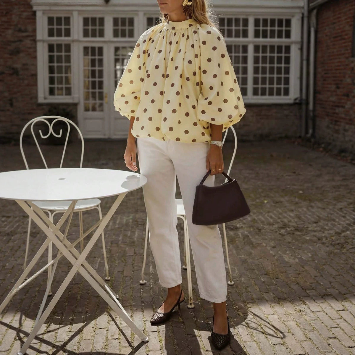 Yellow Polka Dot Puff Sleeve Open Back Blouse