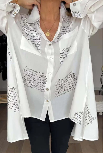 Women's Loose V Neck Letter Print Button Down Shirt