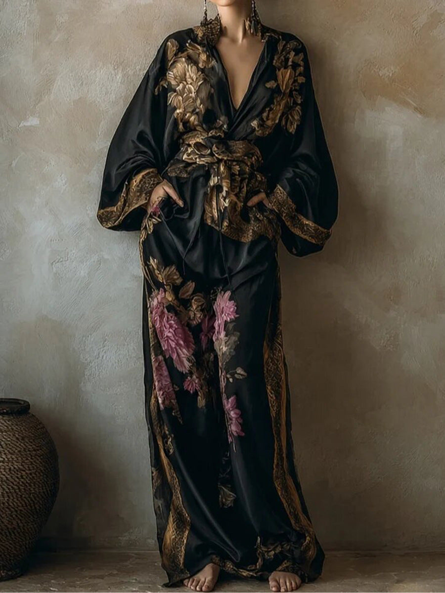 Floral Deep V Tie Waist Wide Leg Pants Two Piece Set