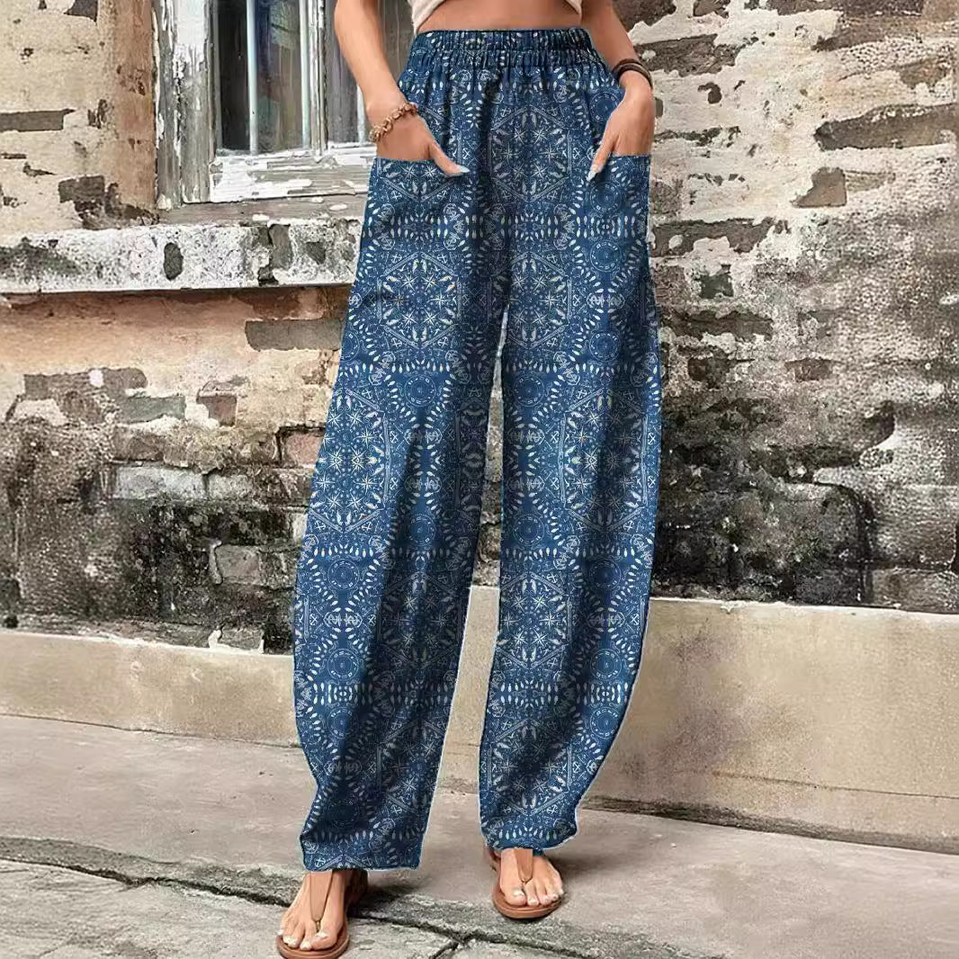 Women's Boho Printed Wide Leg Pants with Pockets