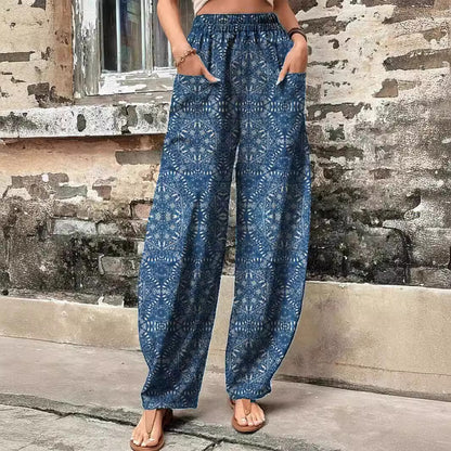 Women's Boho Printed Wide Leg Pants with Pockets
