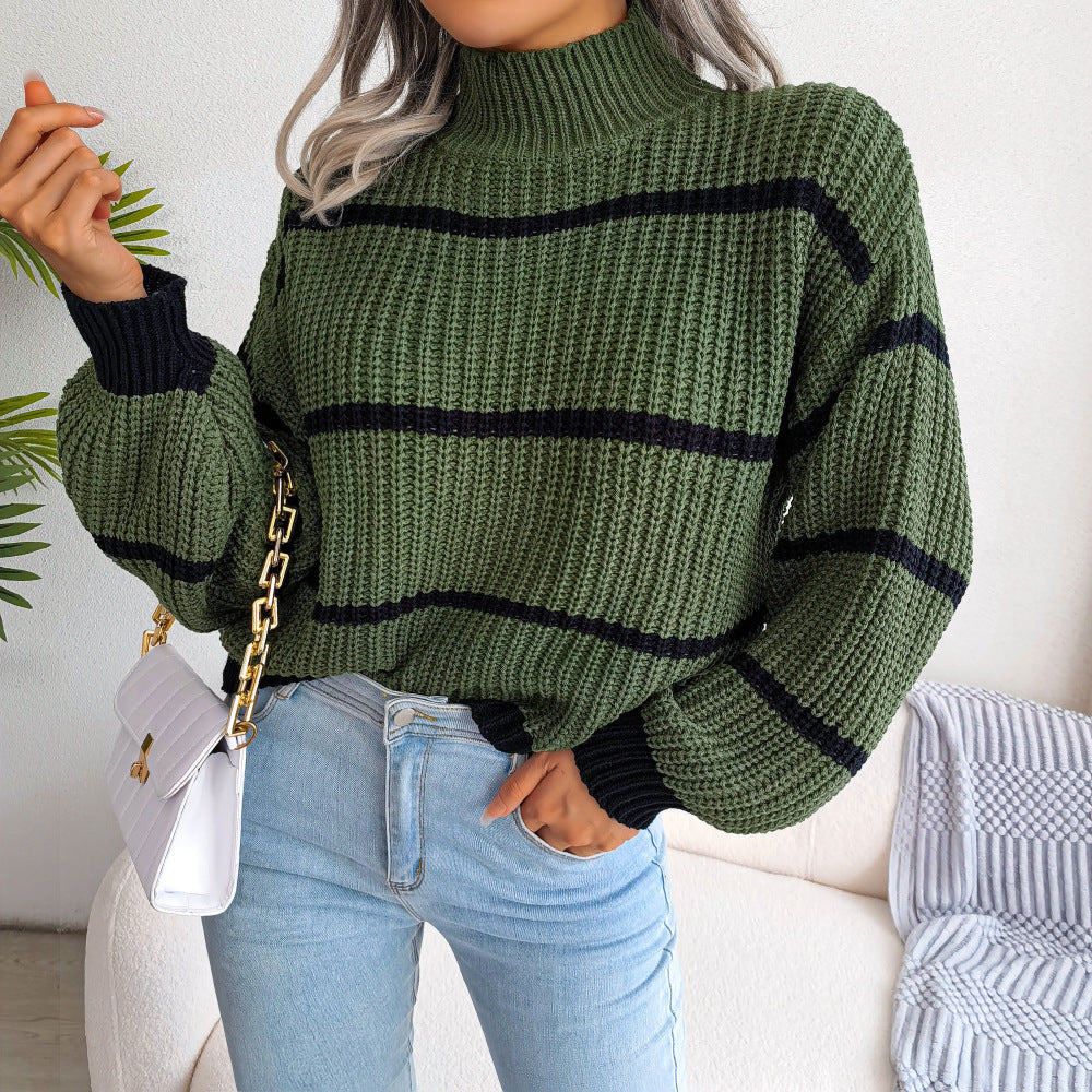 Women's Casual Striped Lantern Sleeve Semi-turtleneck Knitted Sweater