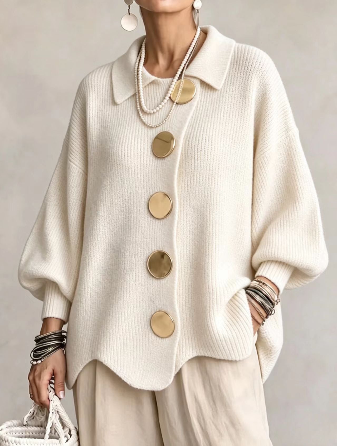 Womens Oversized Collared Cardigan Chunky Knit Button Front