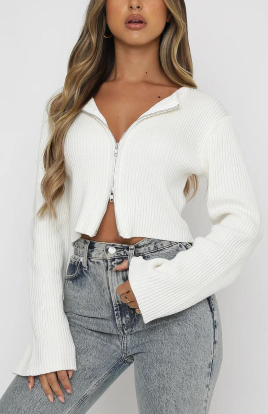 Women’s Ribbed Zip-Up Cropped Sweater with Flare Sleeves