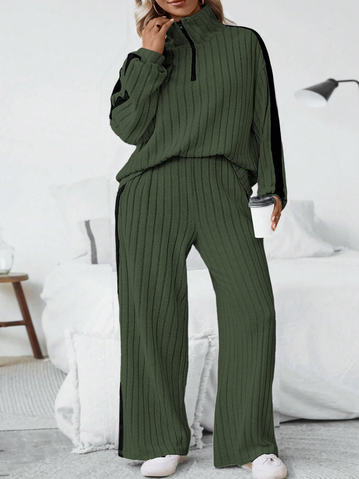 Plus Size Ribbed Half Zip Sweatshirt Wide Leg Pants Set