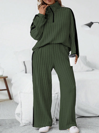 Plus Size Ribbed Half Zip Sweatshirt Wide Leg Pants Set