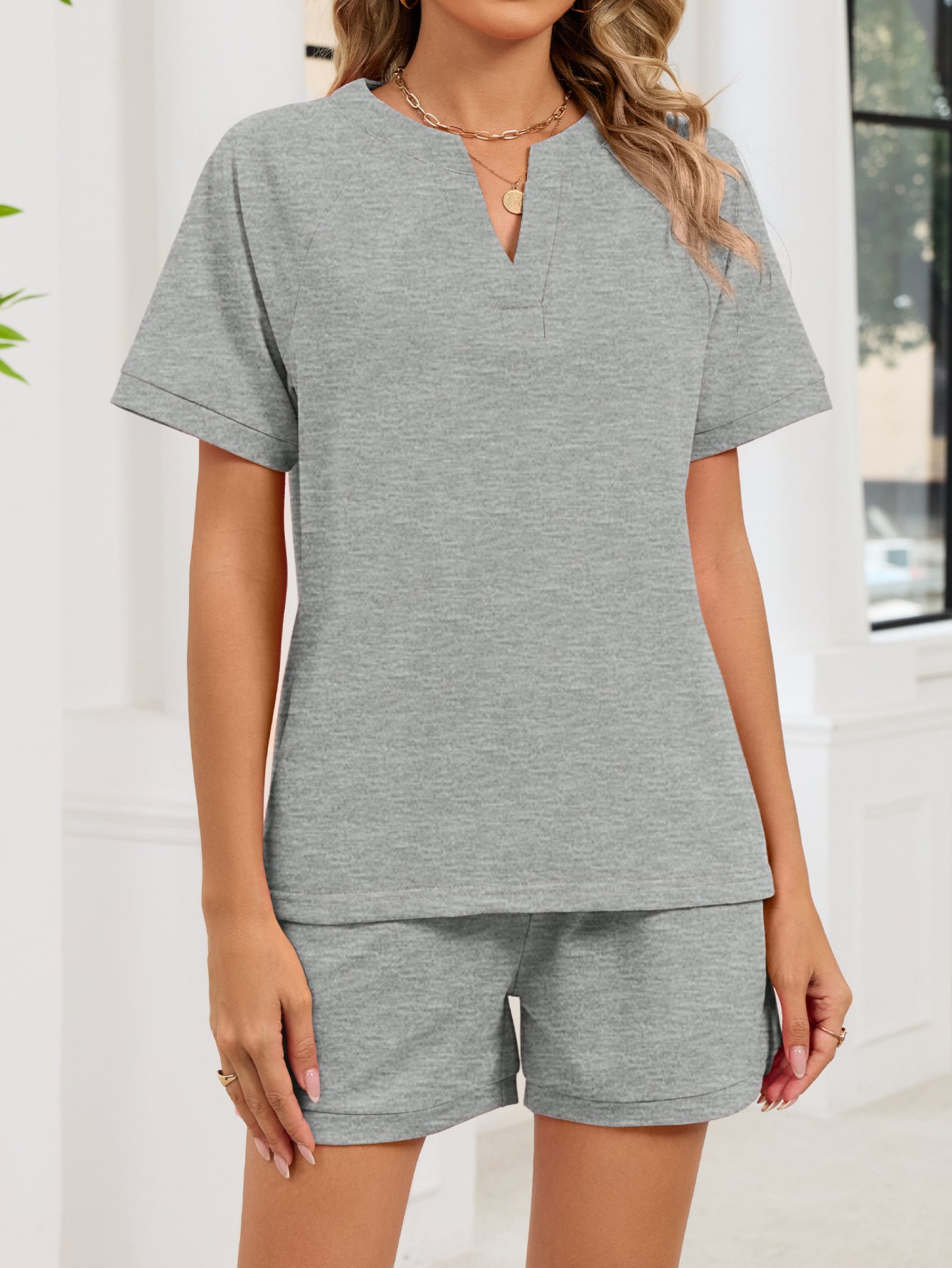 V Neck Short Sleeve Top and Drawstring Shorts Set
