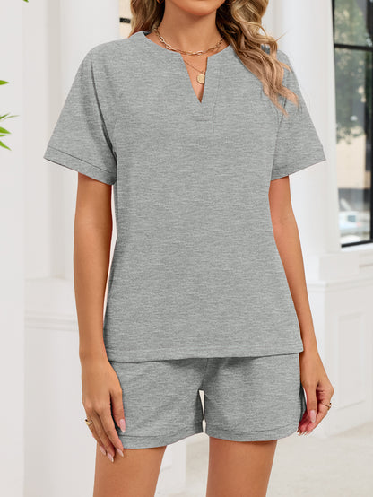 V Neck Short Sleeve Top and Drawstring Shorts Set