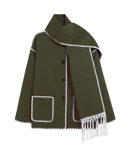 Women's Oversized Faux Wool Scarf Coat With Fringe