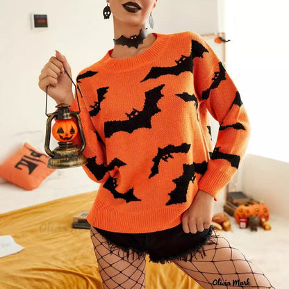 Women's Halloween Bat Crewneck Knit Sweater Pullover