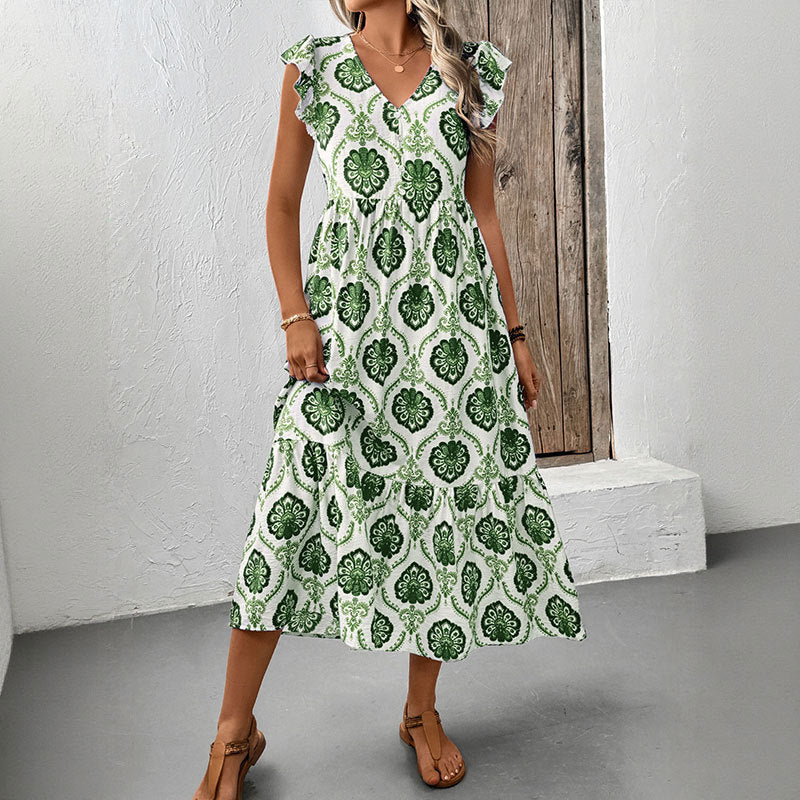 Boho Geometric Print Flutter Sleeve Midi Dress