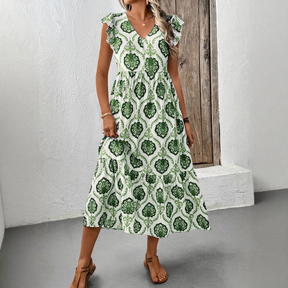 Boho Geometric Print Flutter Sleeve Midi Dress