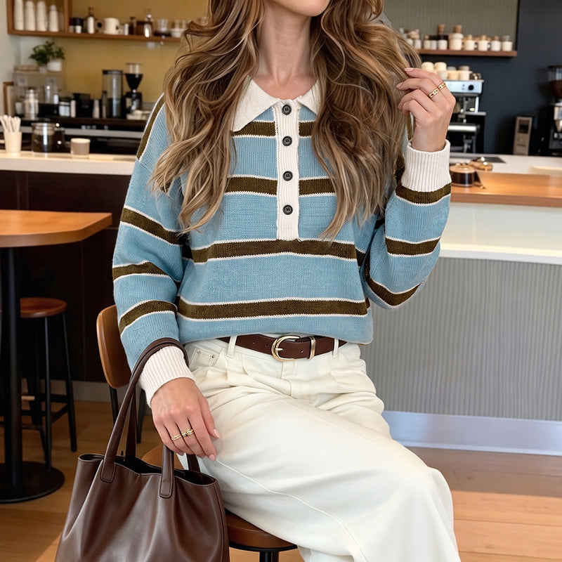 Striped Knit Polo Sweater Button Placket Relaxed Fit
