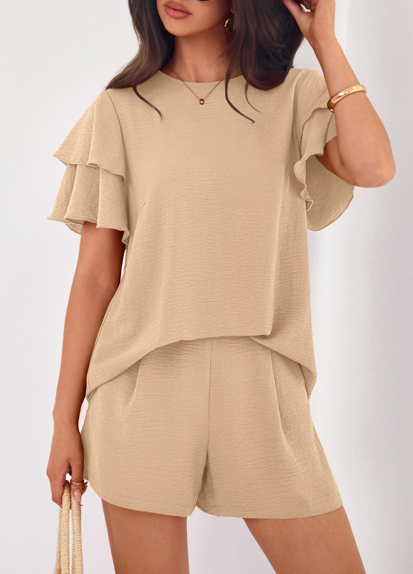 Solid Lounge Set Ruffle Sleeve Top Shorts 2 Piece Set