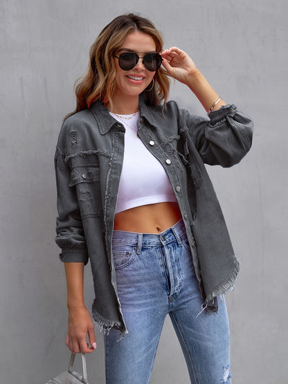Women's Oversized Denim Jacket Distressed Frayed Hem