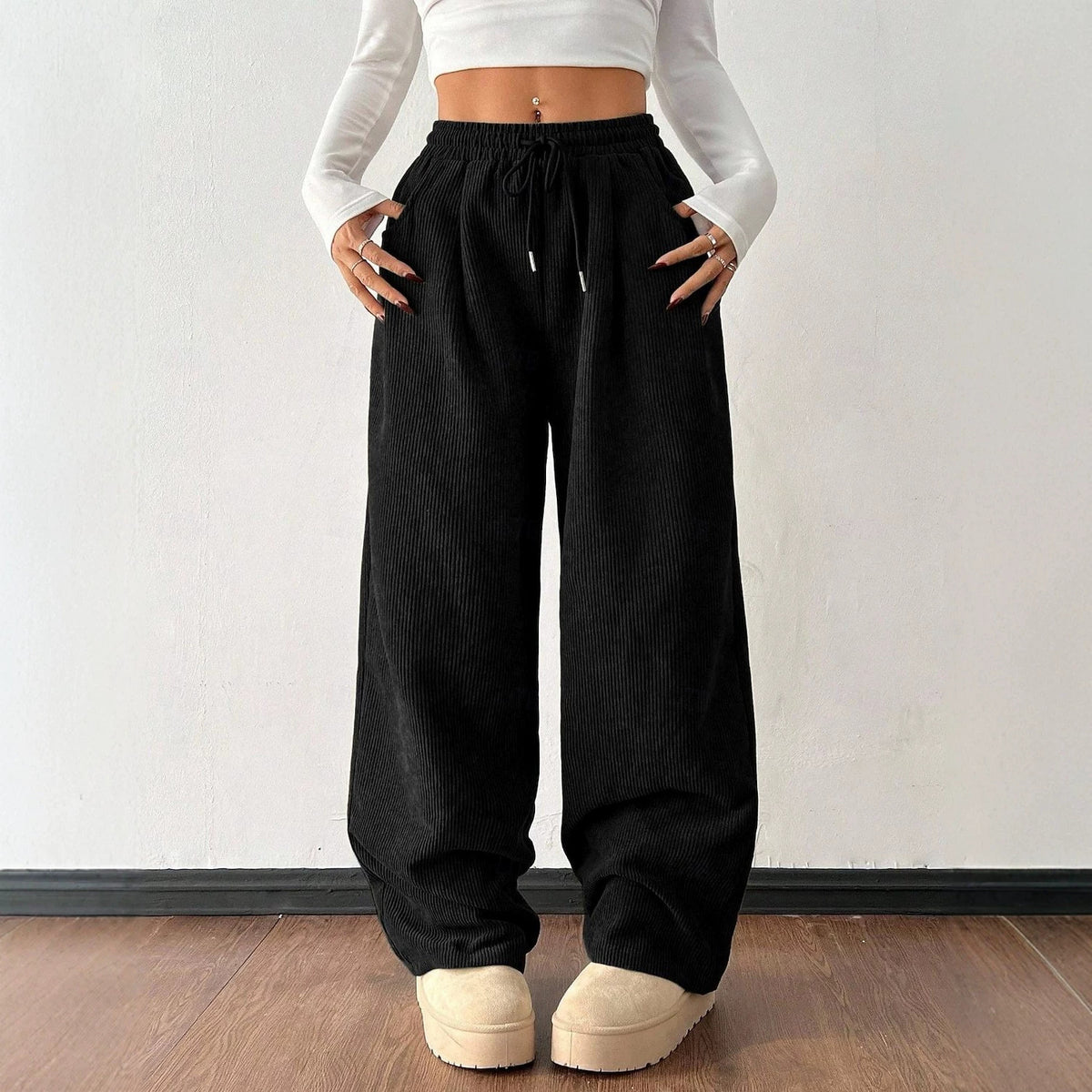 Women's Corduroy Wide Leg Pants Elastic Waist Drawstring