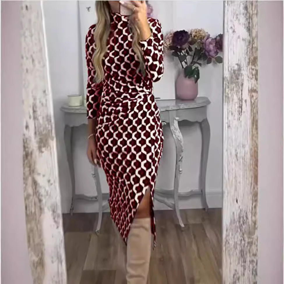 Women's Geometric Print Long Sleeve Midi Dress with Slit