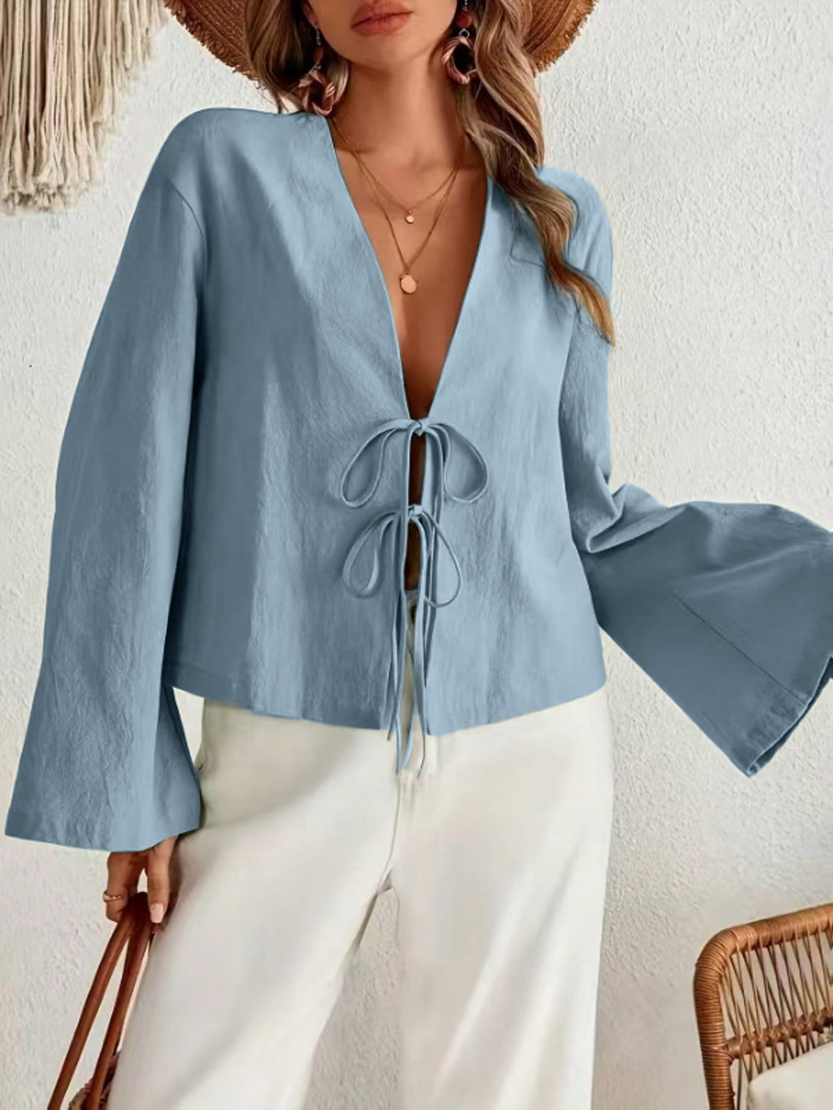 Tie Front V Neck Long Sleeve Bell Sleeve Blouse