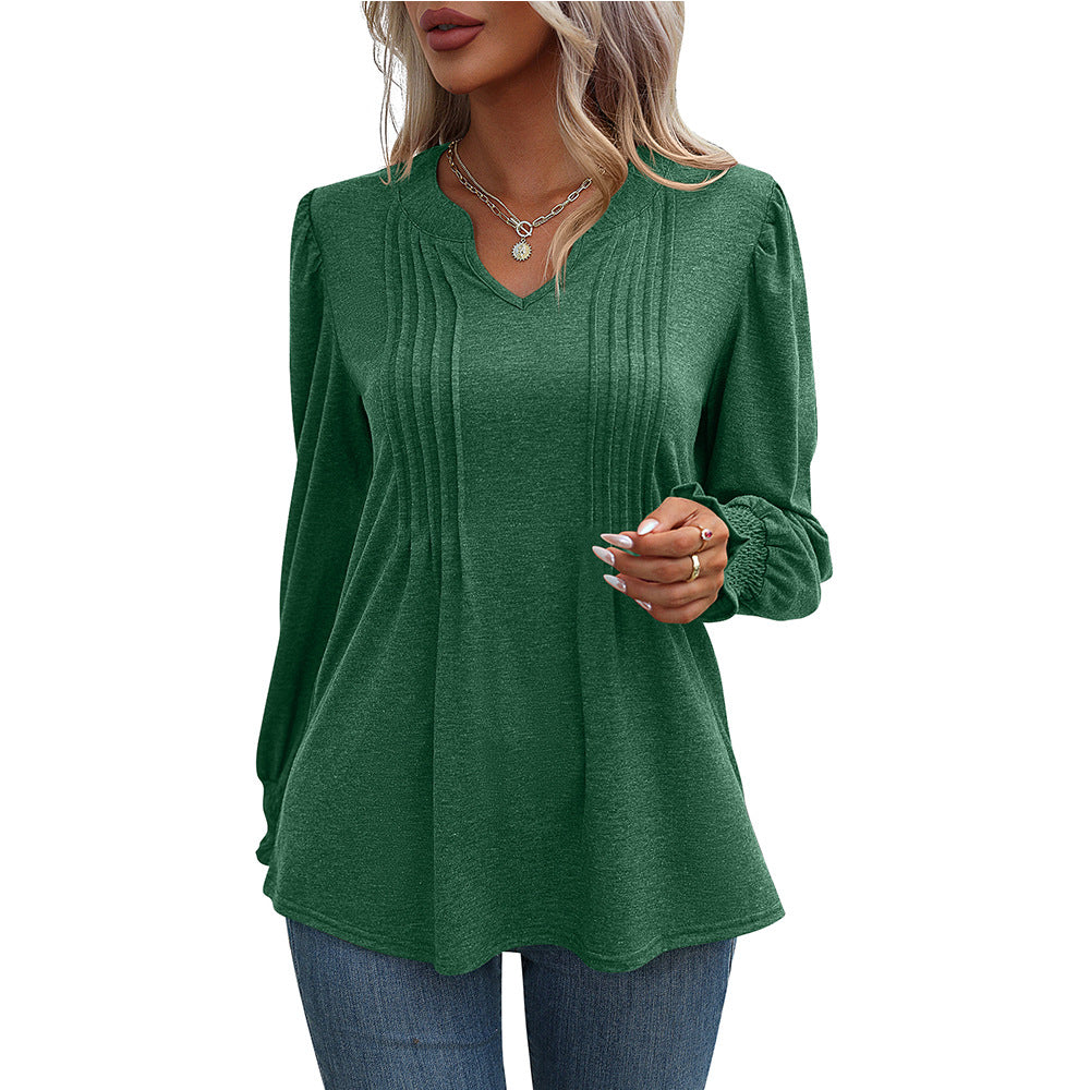 Long Sleeve V-Neck Top with Bubble Sleeves and Wrap Design