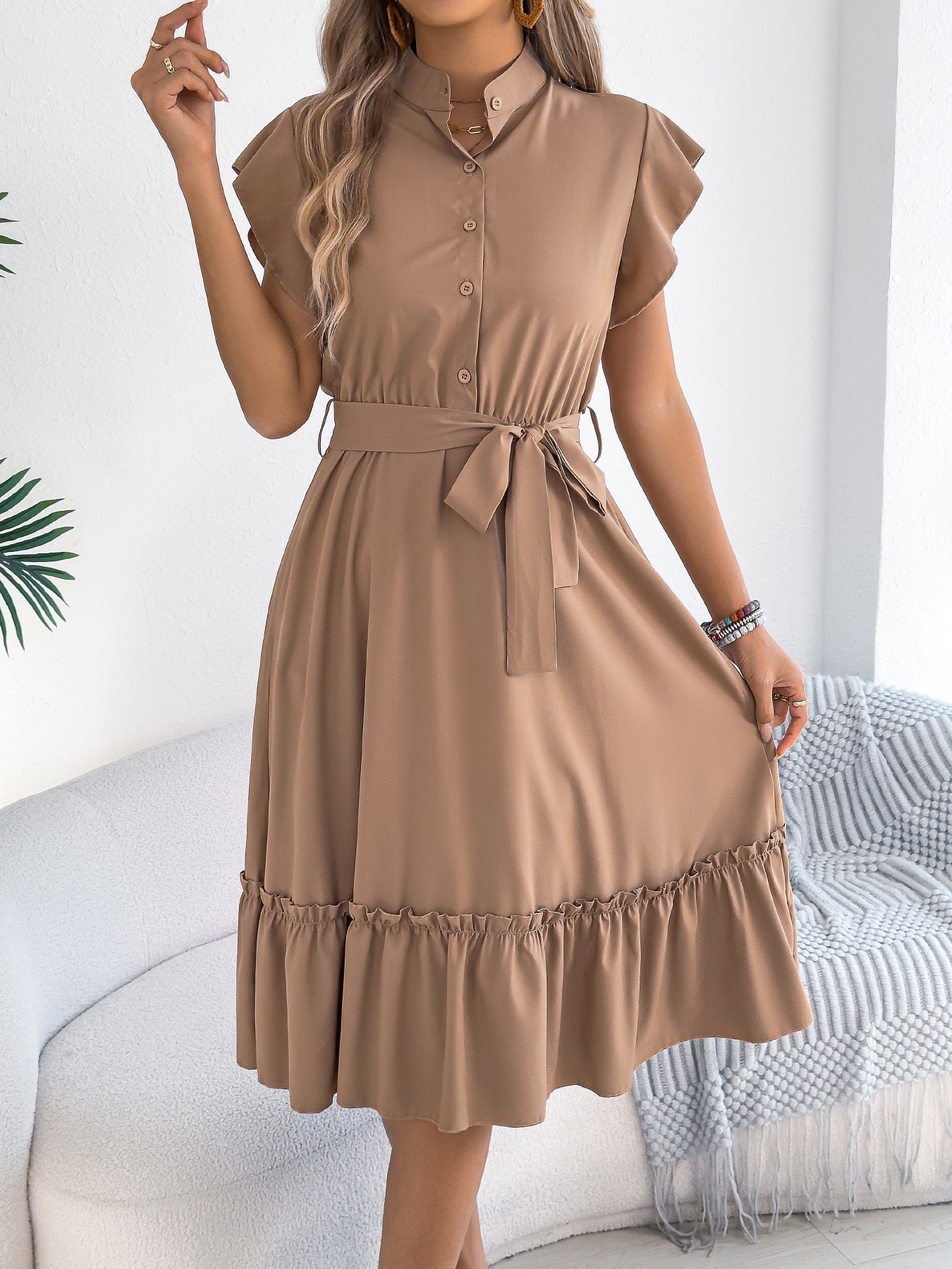 Tie Waist Ruffle Hem Midi Shirt Dress for Women