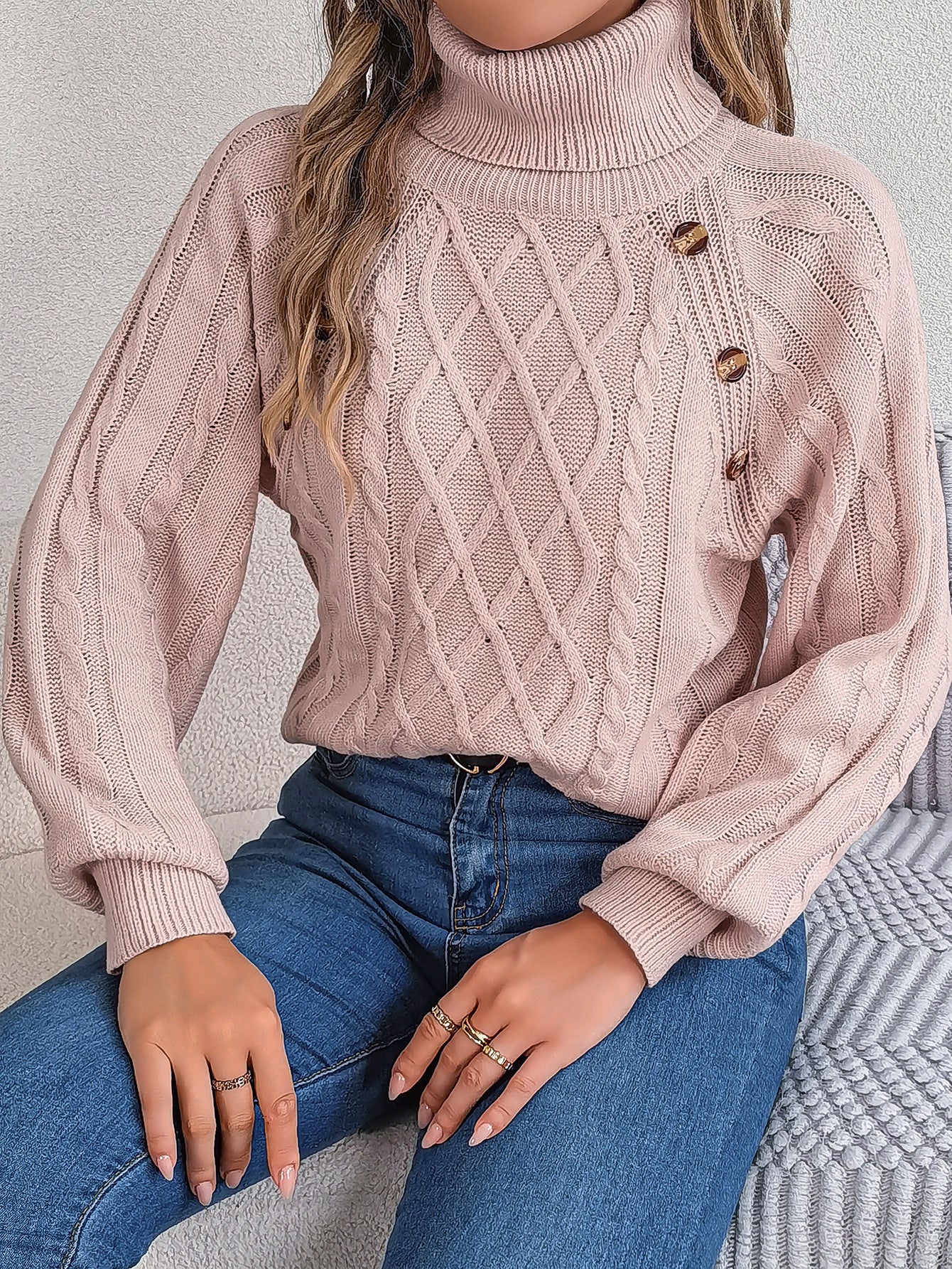 2025 Fall Winter Buttoned Cable Knit Turtleneck Sweater