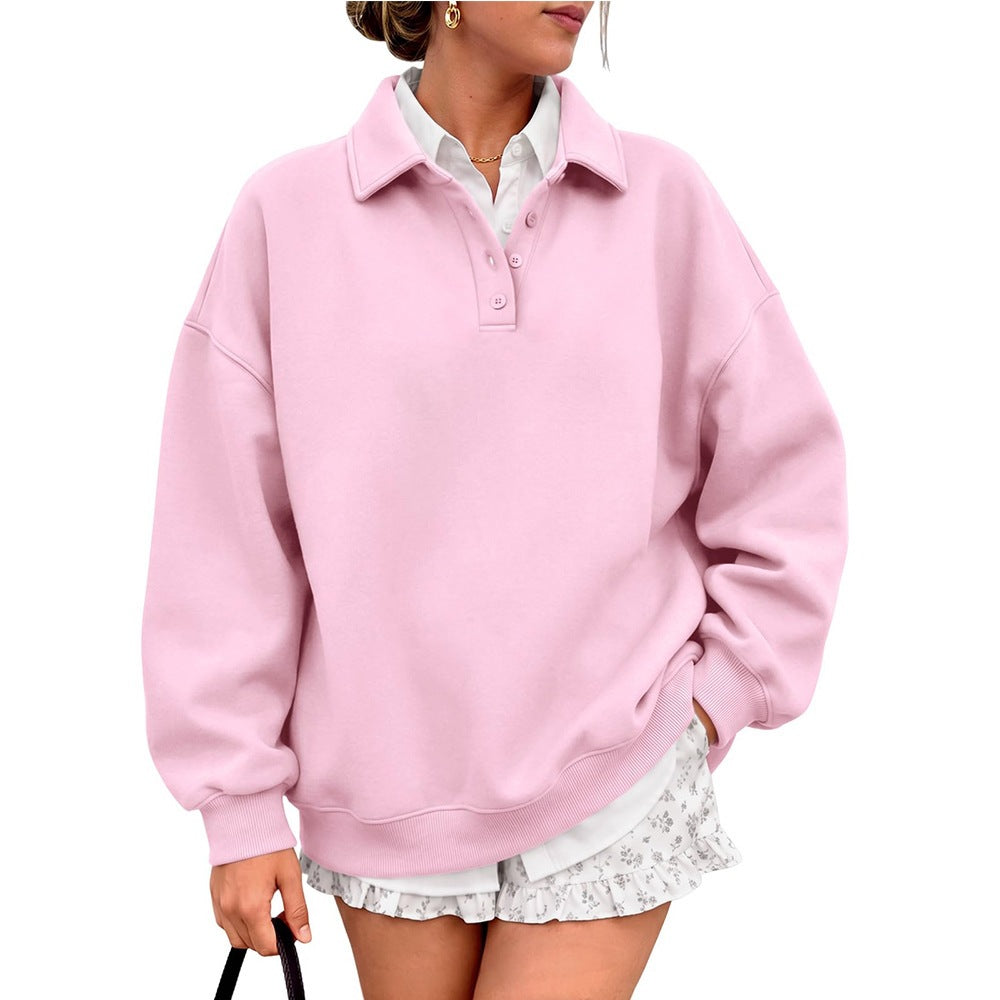 Polo Collar Fleece Pullover Relaxed Fit Sweatshirt