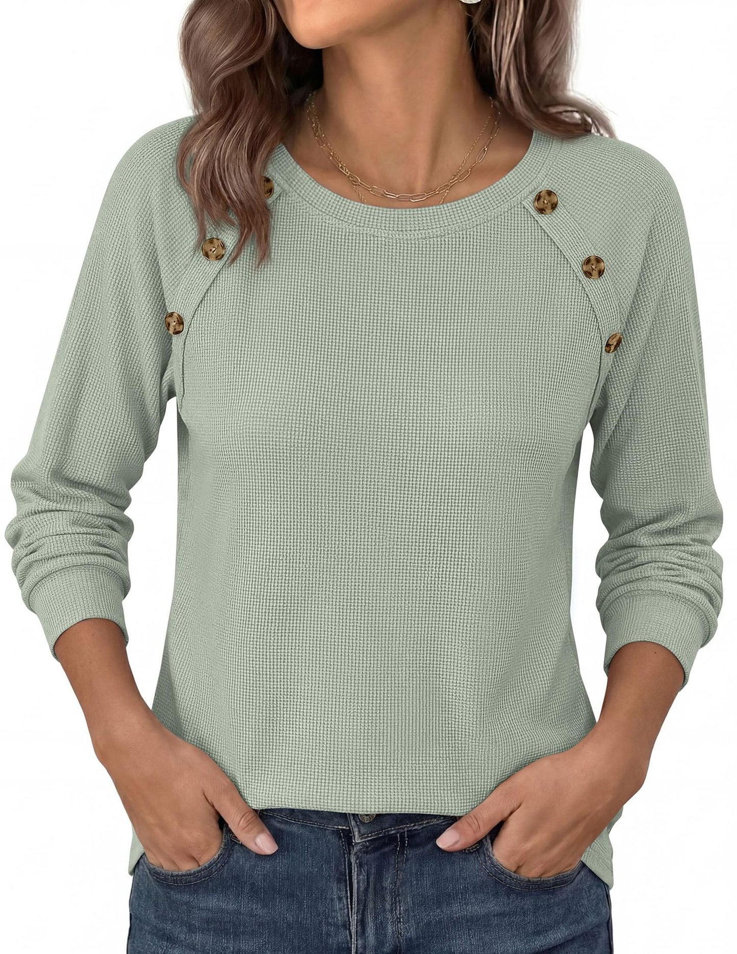 Waffle Knit Button Henley Top Crew Neck Long Sleeve Tee