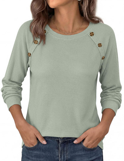 Waffle Knit Button Henley Top Crew Neck Long Sleeve Tee