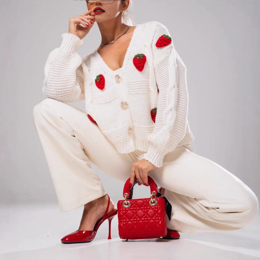3D Strawberry V-Neck Oversized Knit Cardigan