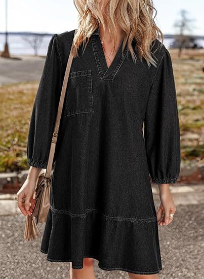 Women's V-Neck Denim Dress Puff Sleeve Tiered Jean Dress