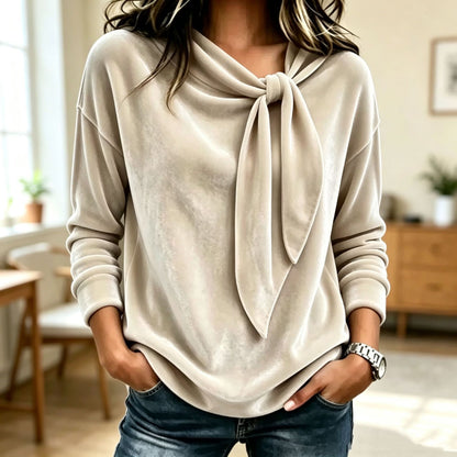 Women's Velvet Bow Neck Long Sleeve Top