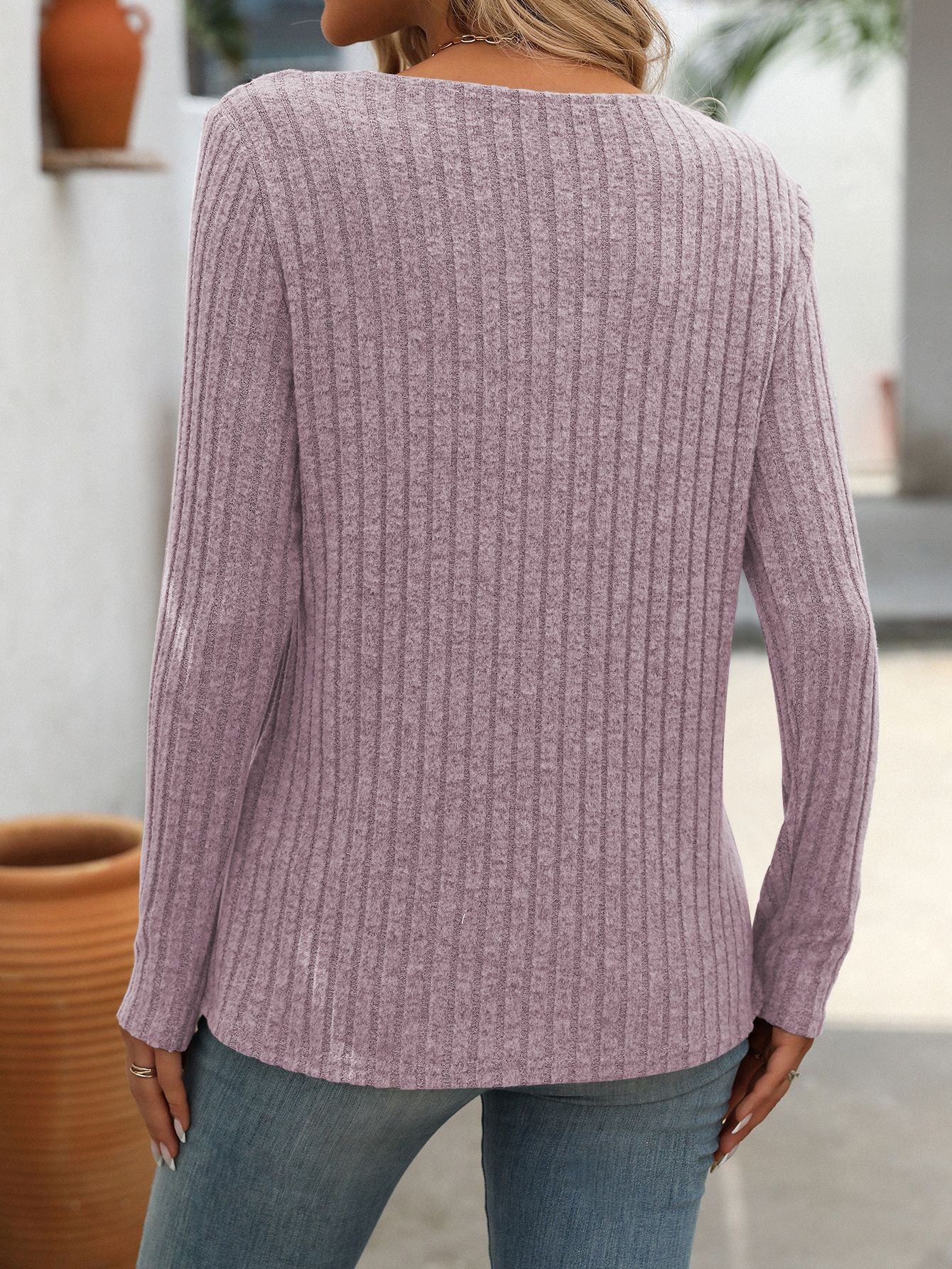 Ribbed V Neck Button Detail Long Sleeve Knit Top
