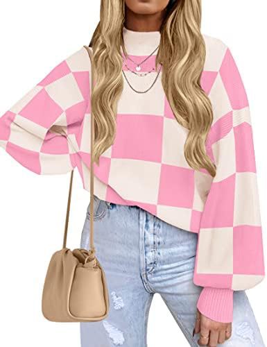 Women's Checkered Mock Neck Balloon Sleeve Sweater