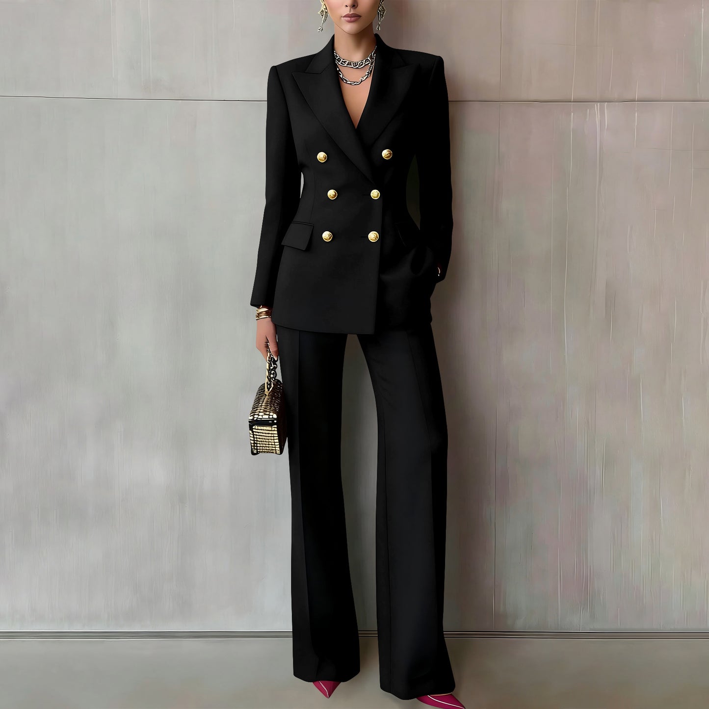 Womens Double Breasted Blazer Wide Leg Pants Set