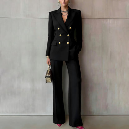 Womens Double Breasted Blazer Wide Leg Pants Set