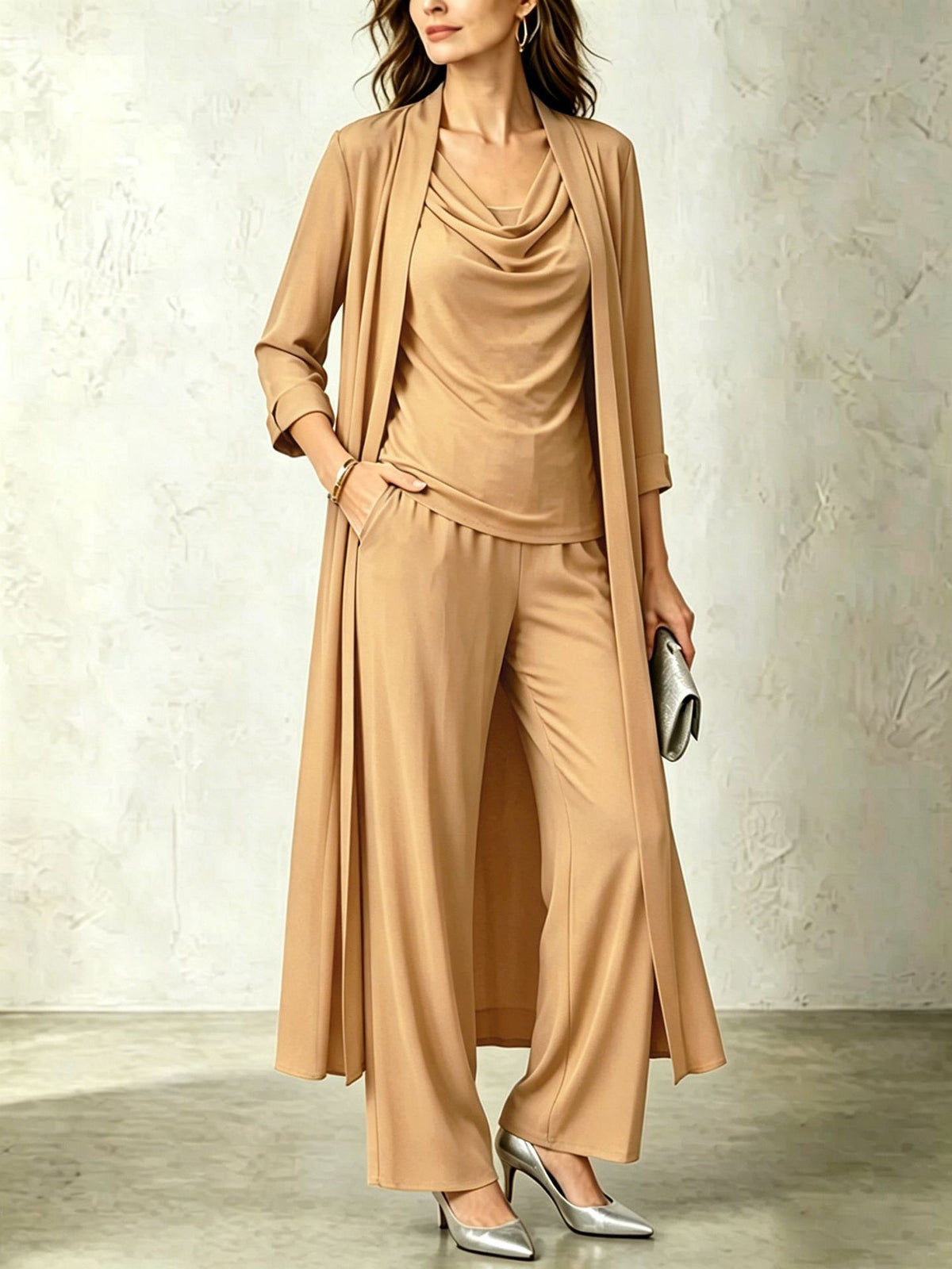 Women's 3 Piece Cowl Neck Top Long Cardigan Pants Set