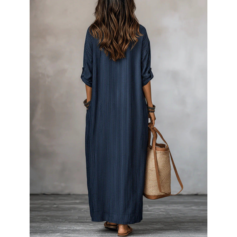 Women's Striped V-Neck Maxi Dress Casual Loose Pockets