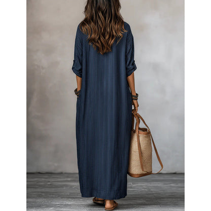 Women's Striped V-Neck Maxi Dress Casual Loose Pockets